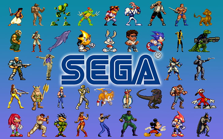 SEGA karakter figürü lotu, video oyunları, Sega, aladdin (oyunlar), Sonic the Hedgehog, Mortal Kombat, Street Fighter, Batman, robocop (oyunlar), yunus ecco, sanat eseri, piksel sanatı, piksel, HD masaüstü duvar kağıdı