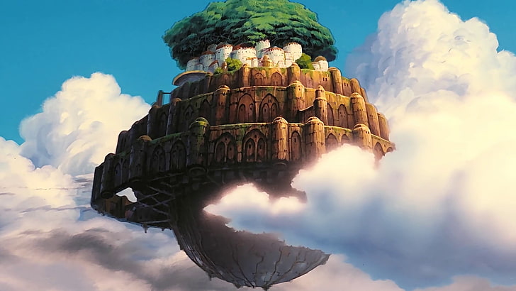 kahverengi ve yeşil yüzen ada illüstrasyon, Studio Ghibli, anime, Laputa: Castle in the Sky, HD masaüstü duvar kağıdı