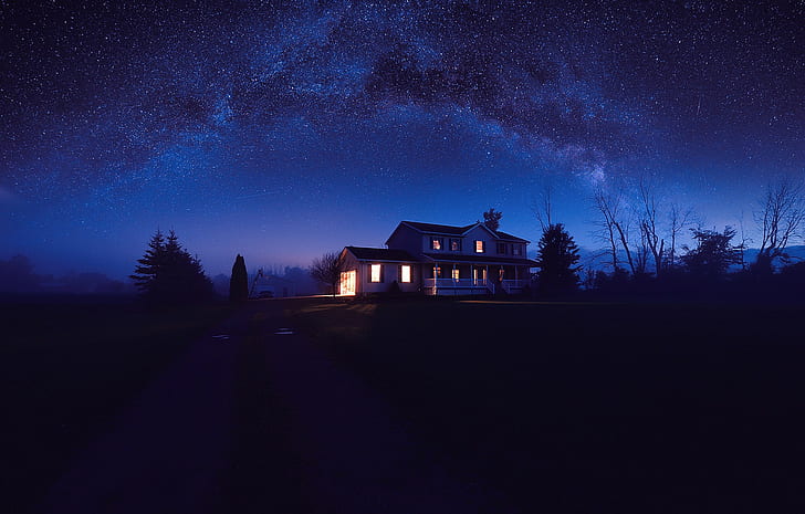 house, star trails, night, HD wallpaper