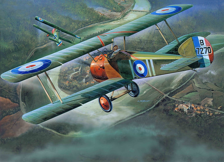 painting of in flight biplane, the plane, fighter, art, British, biplane, single, times, aircraft, known, The first world war, years., maneuverability, among, those, Sopwith Camel F.1, great, HD wallpaper