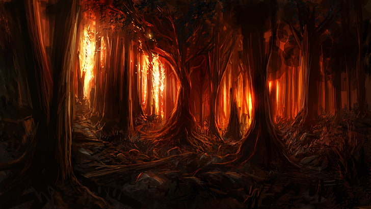 лесная картина лесного пожара, цифровое искусство, природа, деревья, лес, живопись, горение, огонь, дерево, произведение искусства, филиал, HD обои