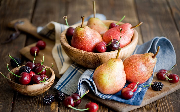 Fruit photography, pears, cherries, blackberries, wooden table, Fruit, Photography, Pears, Cherries, Blackberries, Wooden, Table, HD wallpaper