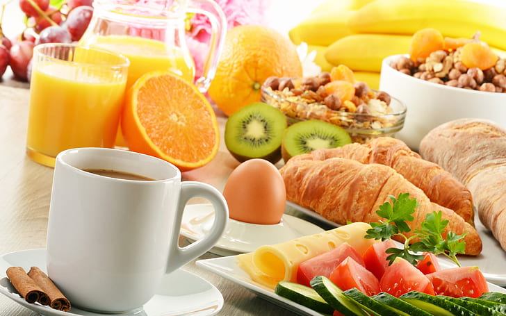 Frühstück, Kaffee, Croissants, Kiwis, Orangen, Lebensmittel, Frühstück, Kaffee, Croissants, Kiwis, Orangen, Lebensmittel, HD-Hintergrundbild