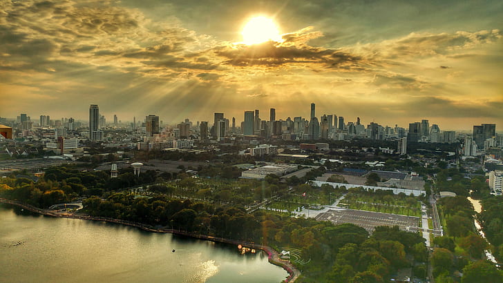 vista aérea de los edificios de la ciudad durante la puesta de sol amarilla, bangkok, bangkok, Bangkok, vista aérea, ciudad, edificios, amarillo, puesta del sol, tailandia, horizonte, rayos de sol, hdr, paisaje urbano, horizonte urbano, asia, arquitectura, noche, escena urbana, rascacielos, Fondo de pantalla HD