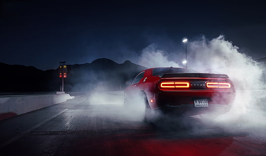червен Dodge Challenger, мускул, Dodge, Challenger, червен, кола, дим, Hellcat, плъзгане, задна, HD тапет HD wallpaper