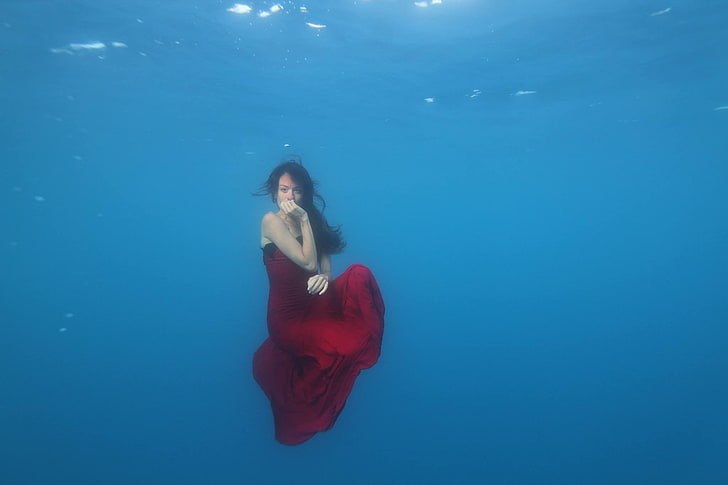 русалки, червена рокля, под вода, жени, фентъзи момиче, HD тапет