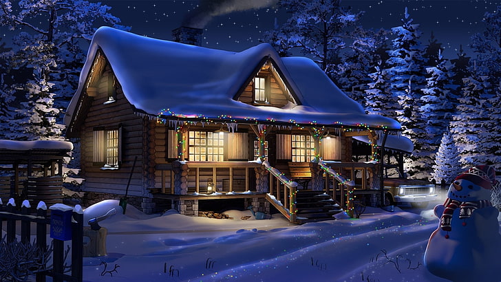 Artistic, Winter, Cabin, Christmas Lights, Night, Snow, Snowman, HD wallpaper