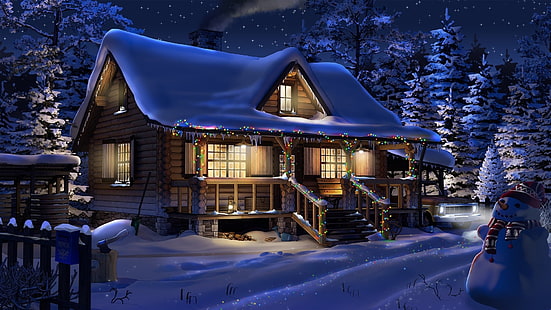 Künstlerisch, Winter, Hütte, Weihnachtsbeleuchtung, Nacht, Schnee, Schneemann, HD-Hintergrundbild HD wallpaper