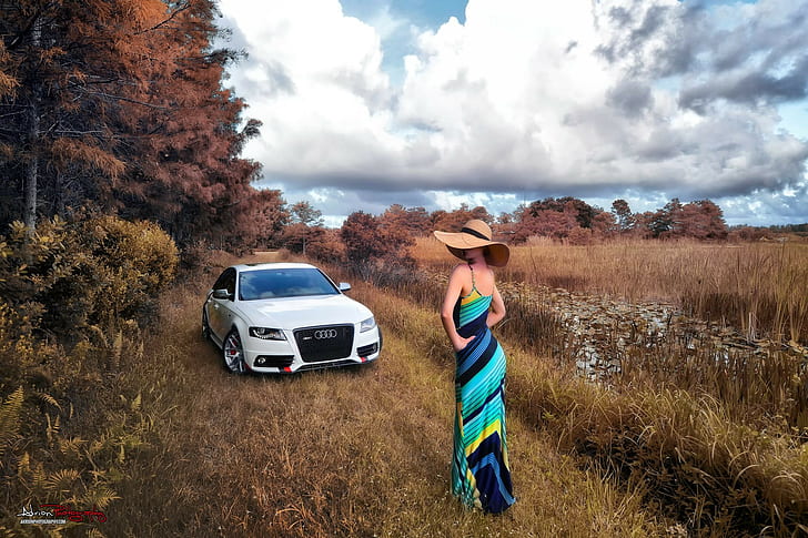 car, women, women with cars, covered face, women outdoors, Audi RS4, women with hats, HD wallpaper