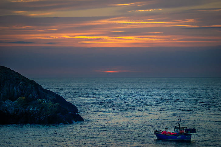 blue boat at body on water near islan, Anchored, blue boat, body, harbour, coast, sea  water, water  wave, waves, trawler, fisher, fishermen, fishing, summer, porthgain, sun, sunset, set, golden  blue, blue  hour, dusk, twilight, sky, cloud, clouds, sea, nature, nautical Vessel, coastline, scenics, water, landscape, seascape, beach, travel, blue, vacations, outdoors, HD wallpaper