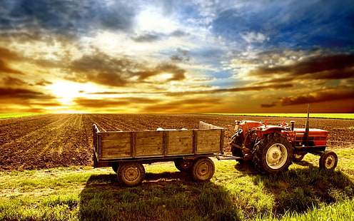Tracteur typique à l'extérieur de son champ, tracteur rouge et noir, tracteur, champ, coucher de soleil, nature, paysage, Fond d'écran HD HD wallpaper