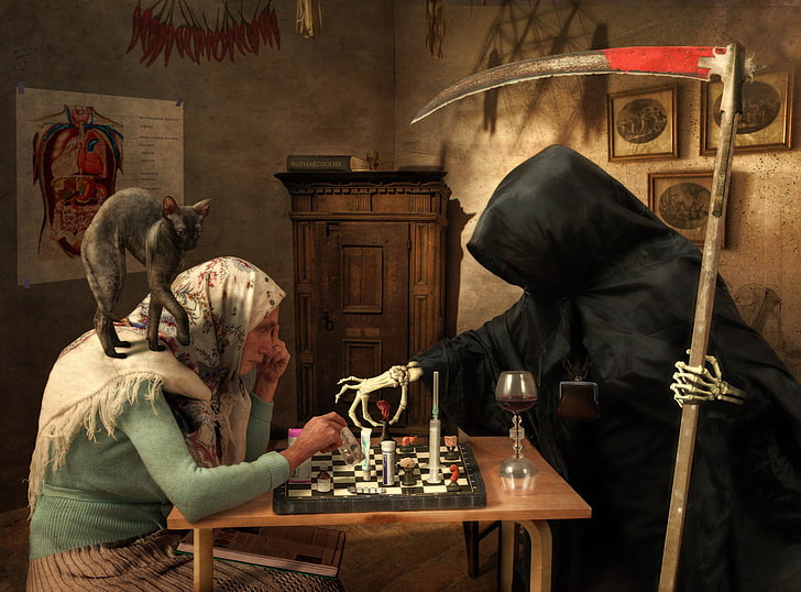 woman and Grim Reaper playing chess wallpaper, artwork, cat, old people, death, Grim Reaper, chess, babushka, humor, dark humor, HD wallpaper