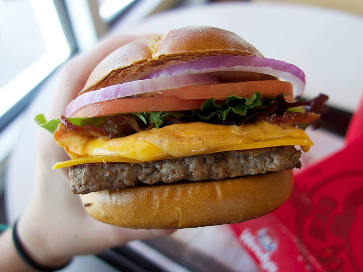 Burger mit Salat und Käse, Burger, Hamburger, Essen, Fast Food, Rindfleisch, HD-Hintergrundbild