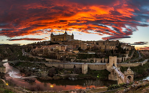 Toledo Hiszpania, toledo, krajobraz, niebo, noc, rzeka, zamek, Tapety HD HD wallpaper