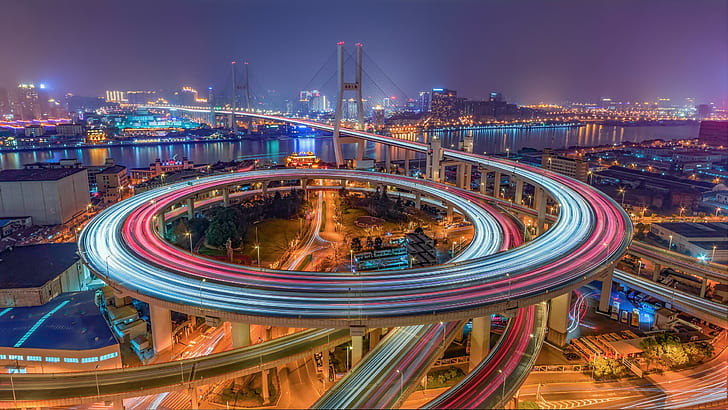 night, bridge, the city, lights, the evening, excerpt, China, Shanghai, Nanpu Bridge, HD wallpaper