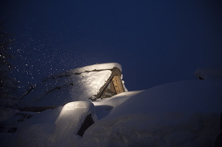 겨울, 눈, 밤, 집, 일본, 혼라 섬, 시라카와 고카 야마, HD 배경 화면