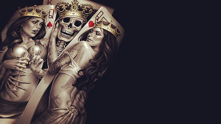 sake, Queen, Cup, poker, bones, tattoos, Crown, King, seduction, skeleton, HD wallpaper