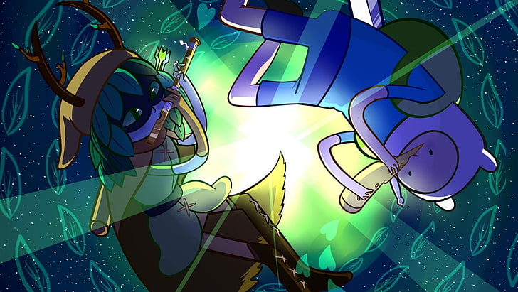 grünes und blaues TMNT-Drucktextil, Adventure Time, Finn der Mensch, Huntress Wizard, Kunstwerk, Flöte, HD-Hintergrundbild