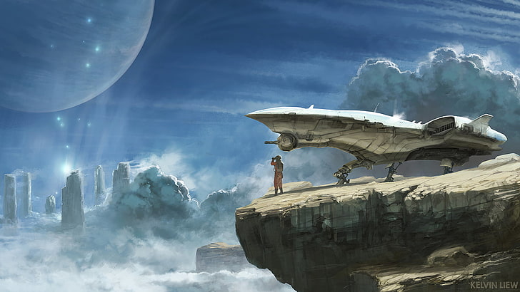man standing on hill near spaceship digital wallpaper, spaceship, explorer, planet, science fiction, HD wallpaper