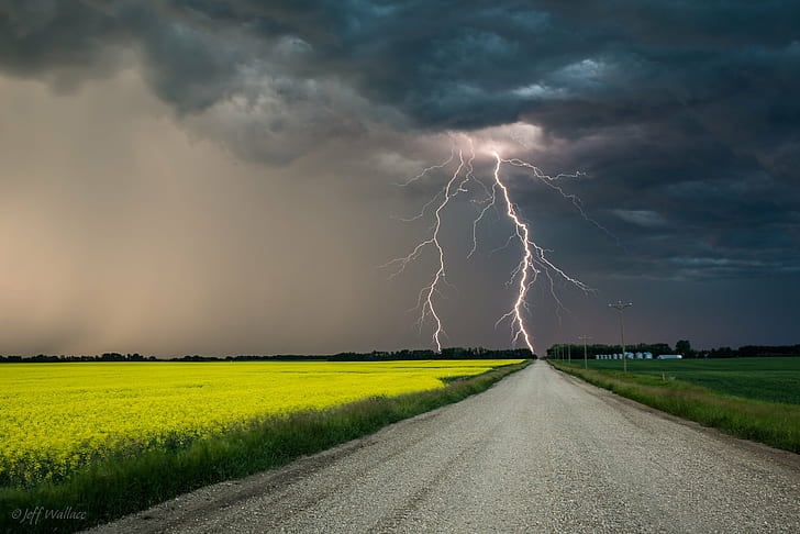 Lightning Photography under gray cloudy sky, Ka-Pow, Lightning, Photography, gray, cloudy, sky, summer  storm, canola, road, gravel, Alberta, Canada, nature, thunderstorm, cloud - Sky, storm, weather, blue, HD wallpaper