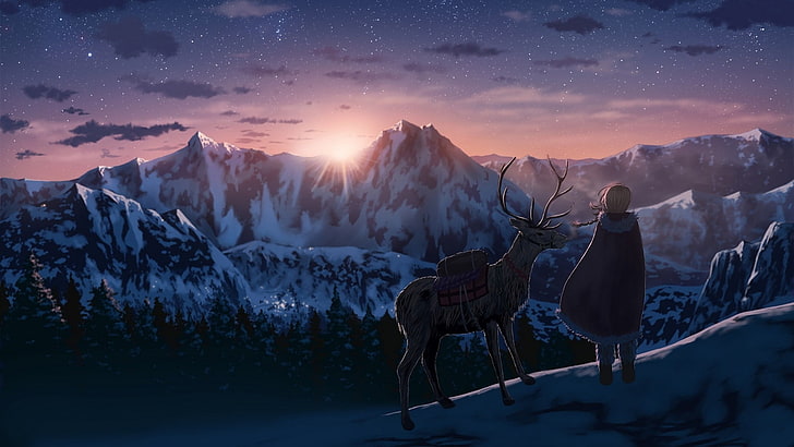 anime, anime kızlar, geyik, kar, kış, dağlar, gün batımı, HD masaüstü duvar kağıdı