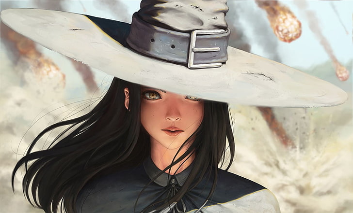 långhårig kvinnlig karaktär med hatt, hatt, gula ögon, svart hår, realistisk, tittar på betraktaren, långt hår, vind, meteorer, kapelletter, originalkaraktärer, HD tapet