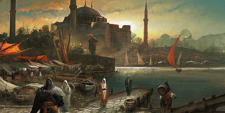orang-orang yang berdiri di dekat badan air wallpaper digital, Assassin's Creed: Revelations, Assassin's Creed, video game, masjid, Wallpaper HD