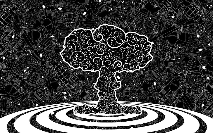 black and white tree vector art, mushroom clouds, trees, gun, grenades, abstract, artwork, HD wallpaper