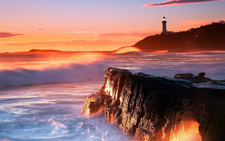 Coast Lighthouse Sunset, playa, naturaleza, costa, faro, puesta de sol, Fondo de pantalla HD