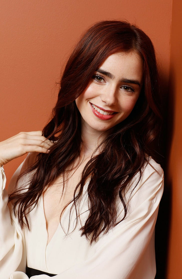 brown eyes, brunette, actress, smiling, celebrity, women, Lily Collins, touching hair, HD wallpaper