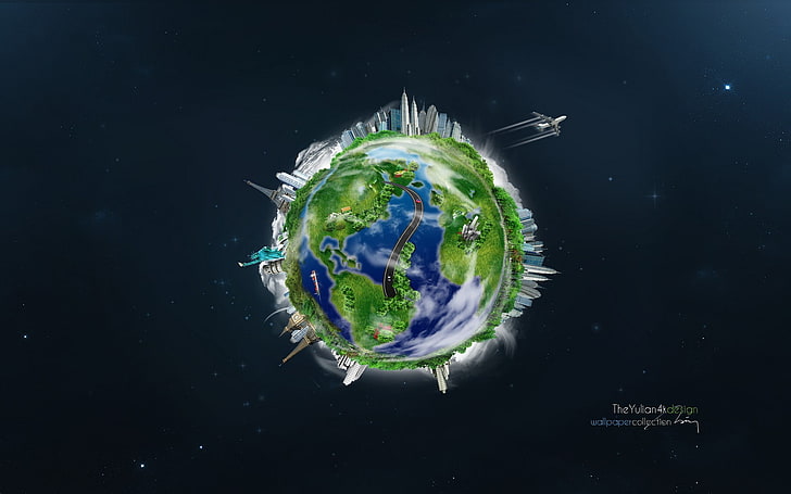 Welt, Weltraum, Erde, Flugzeug, Freiheitsstatue, Straße, Gebäude, Eiffelturm, Schiefer Turm von Pisa, Big Ben, Globen, HD-Hintergrundbild