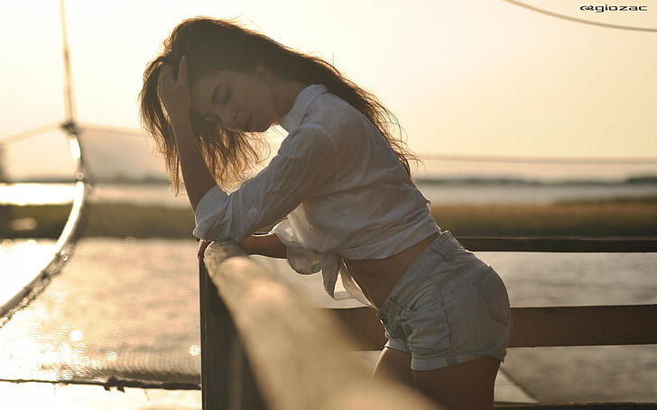 jean shorts, women outdoors, outdoors, women, model, sea, Giovanni Zacche, sunlight, HD wallpaper