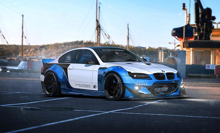 white and blue BMW coupe, BMW, E92, Rendering, Stanceworks, by Khyzyl Saleem, RB Kit, HD wallpaper