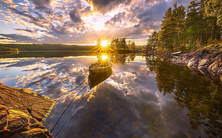 Ringerike, Norway, beautiful sunset, lake, water reflection, boat, trees, Ringerike, Norway, Beautiful, Sunset, Lake, Water, Reflection, Boat, Trees, HD wallpaper