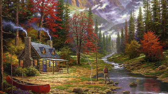Canoes, Chimneys, Cottage, fishing, forest, painting, river, Thomas Kinkade, HD wallpaper HD wallpaper