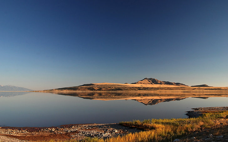 montaña marrón, paisaje, naturaleza, lago, reflexión, montañas, Fondo de pantalla HD