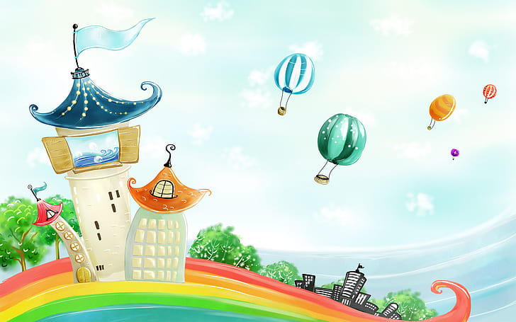 Kids, Rainbow, Hot Air Balloons, kids, rainbow, hot-air balloons, HD wallpaper