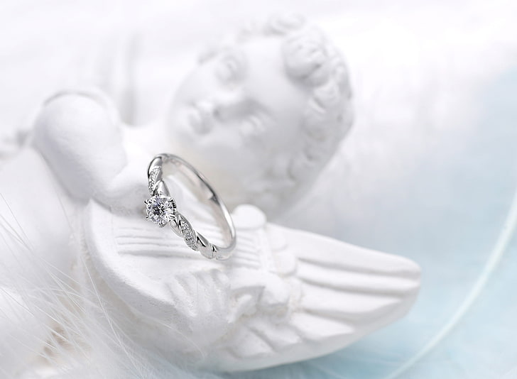 silver-colored clear gemstone solitaire ring, ring, wedding, cupid, HD wallpaper