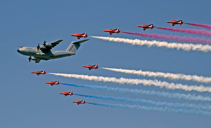 el cielo, el sol, cazas, aviones, apoyo, cuatro motores, RAF, transporte, flechas rojas, Royal Air Force, Airbus A400M Atlas, las flechas rojas, Fondo de pantalla HD