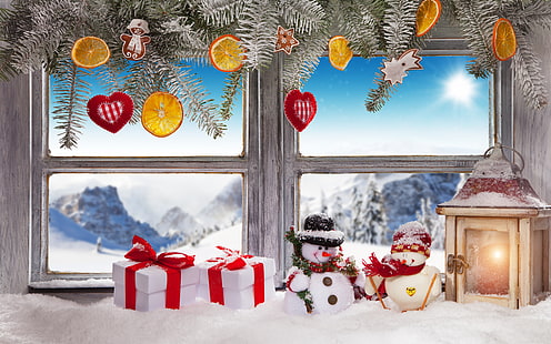 winter, snow, decoration, New Year, window, Christmas, gifts, Merry Christmas, Xmas, lantern, HD wallpaper HD wallpaper