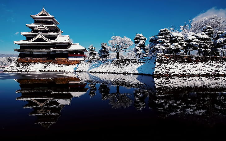 byggnad, Matsumoto slott, Nagano, Japan, vinter, reflektion, HD tapet