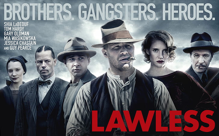 hat, cigar, poster, Shia LaBeouf, crime, Guy Pearce, Tom Hardy, Gary Oldman, Jessica Chastain, MIA Wasikowska, Lawless, The most drunk district in the world, HD wallpaper
