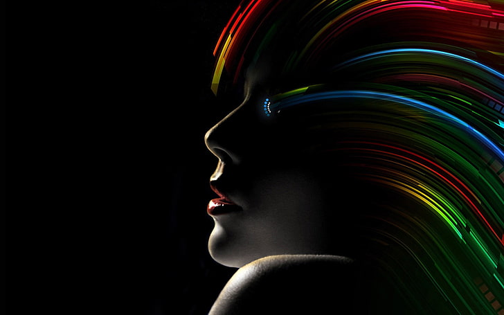 фото женщины с разноцветными волосами, художественное произведение, черный фон, лицо, цифровое искусство, красочные, формы, профиль, HD обои