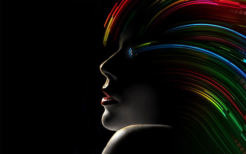 Foto der Frau mit mehrfarbiger Haargrafik, schwarzer Hintergrund, Gesicht, digitale Kunst, bunt, Formen, Profil, HD-Hintergrundbild HD wallpaper