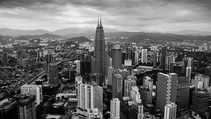 foto em tons de cinza da paisagem urbana, cidade, Kuala Lumpur, HD papel de parede