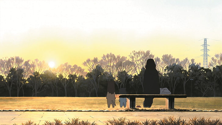 silhouette di un personaggio anime su una panchina davanti agli alberi sfondo, Wolf Children, anime, Sfondo HD