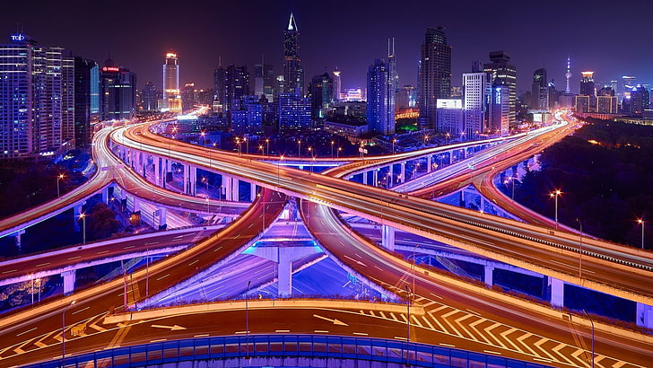 architecture, pont, Shanghai, Chine, ville, paysage urbain, nuit, lumières, bâtiment, gratte-ciel, route, traînées lumineuses, éclairage public, longue exposition, arbres, rue, Fond d'écran HD