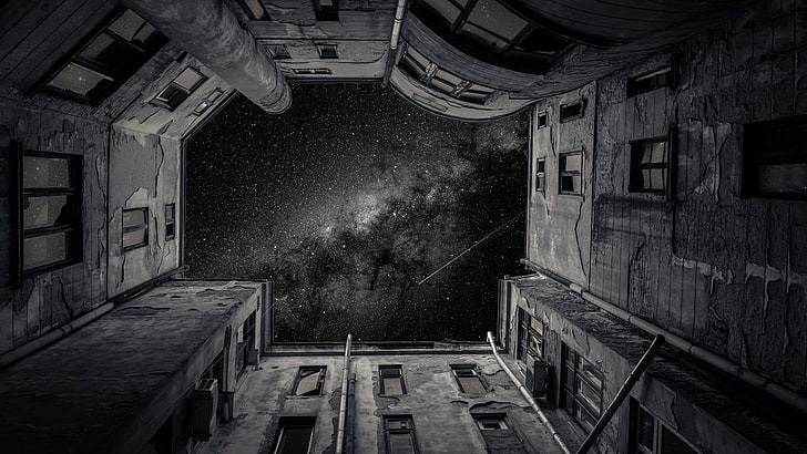 low angle photography of building at nighttime, building, monochrome, stars, galaxy, architecture, city, old building, night, Milky Way, worm's eye view, window, abandoned, vignette, space, sky, HD wallpaper