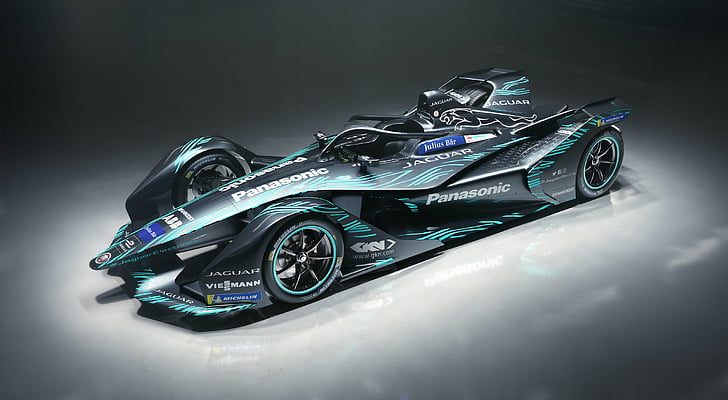 modelo fundido preto e verde da Panasonic para carros de fórmula, Jaguar I-Type, carro de corrida de Fórmula E, carros elétricos, 2018, 4K, HD papel de parede