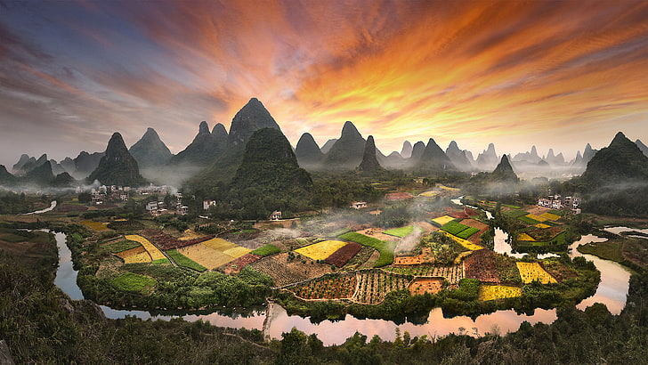 قرية Zhouzhai الصين صور المناظر الطبيعية غروب الشمس المشتعلة السماء خلفيات سطح المكتب عالية الدقة للهواتف المحمولة والكمبيوتر 3840 × 2160، خلفية HD